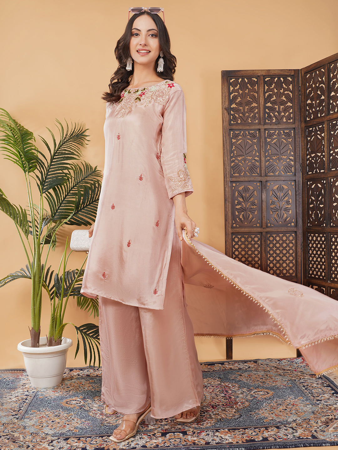 Pink Embroidered Kurta Set with Palazzo & Dupatta for Women | Traditional Ethnic Wear