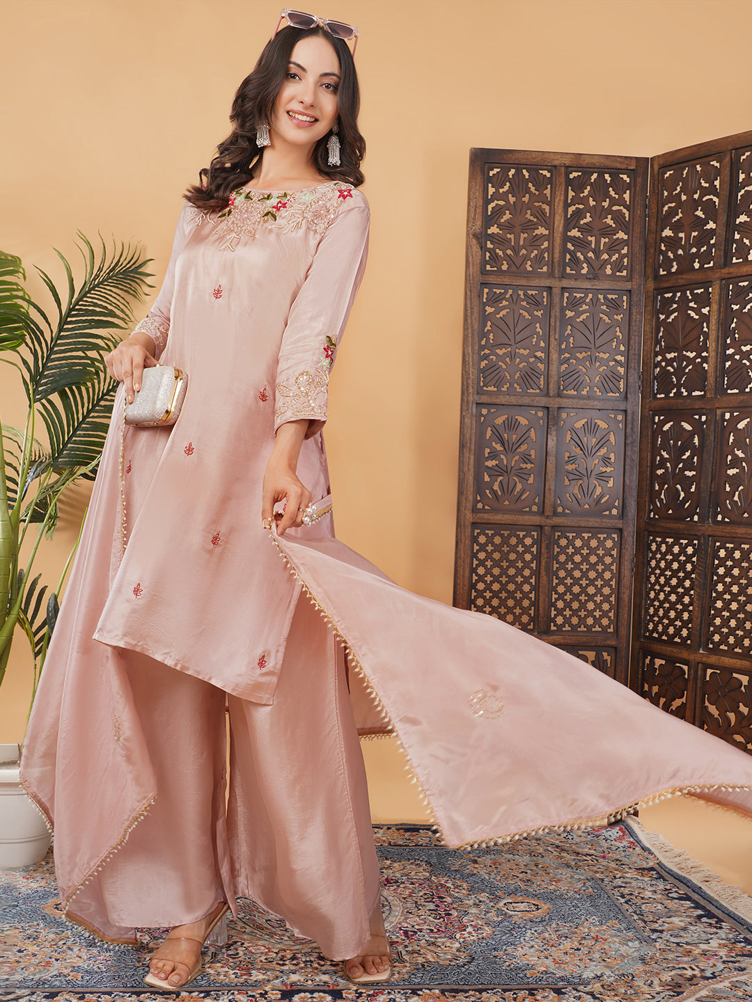 Pink Embroidered Kurta Set with Palazzo & Dupatta for Women | Traditional Ethnic Wear
