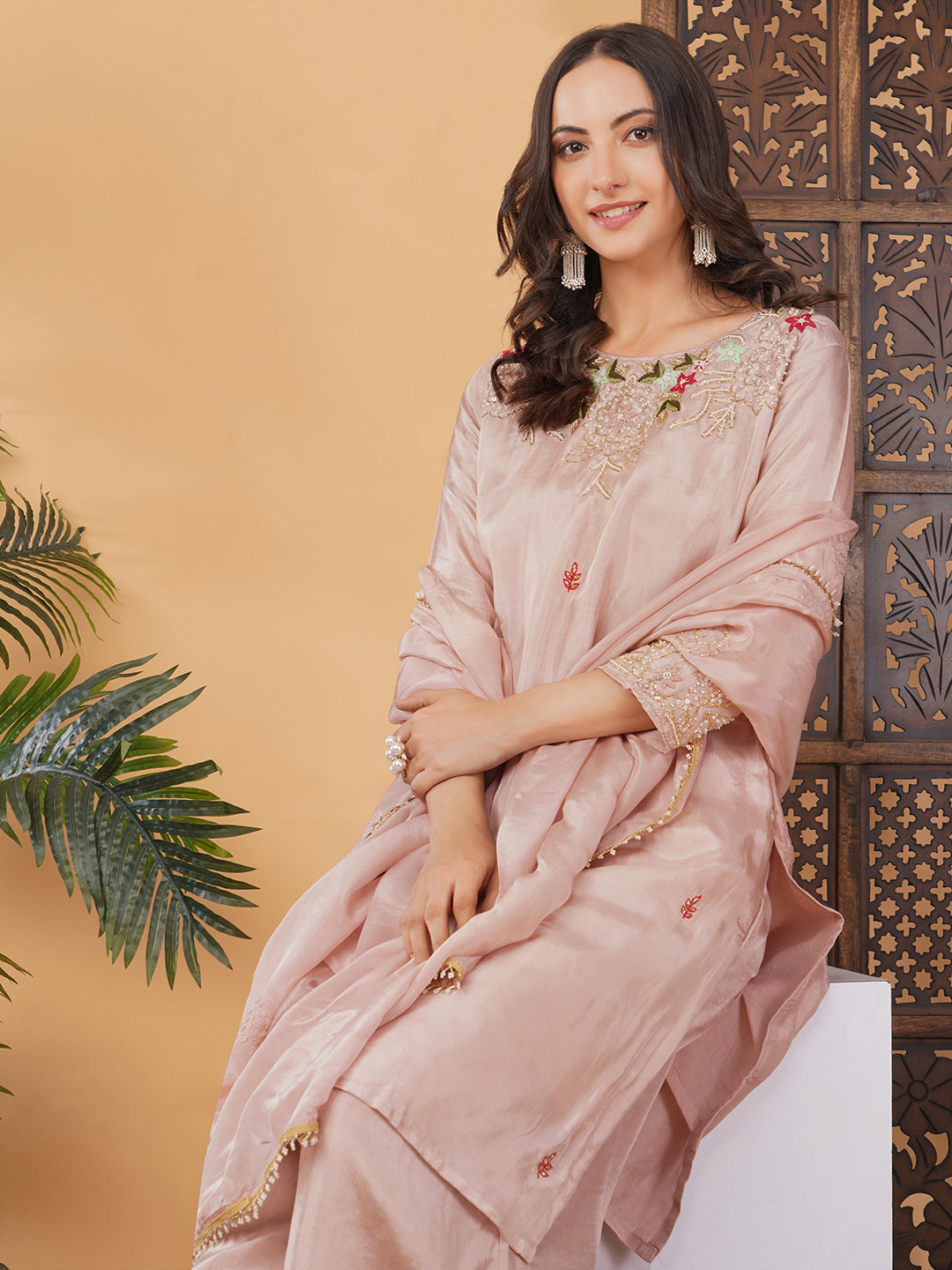 Pink Embroidered Kurta Set with Palazzo & Dupatta for Women | Traditional Ethnic Wear