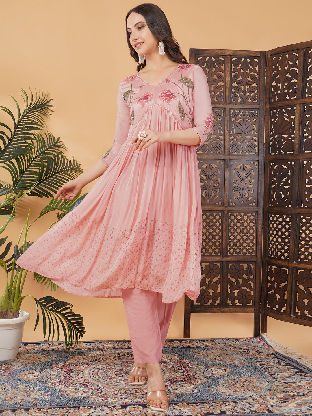 Pink Embroidered Anarkali Kurta Set with Dupatta & Pants | Floral Festive Ethnic Suit