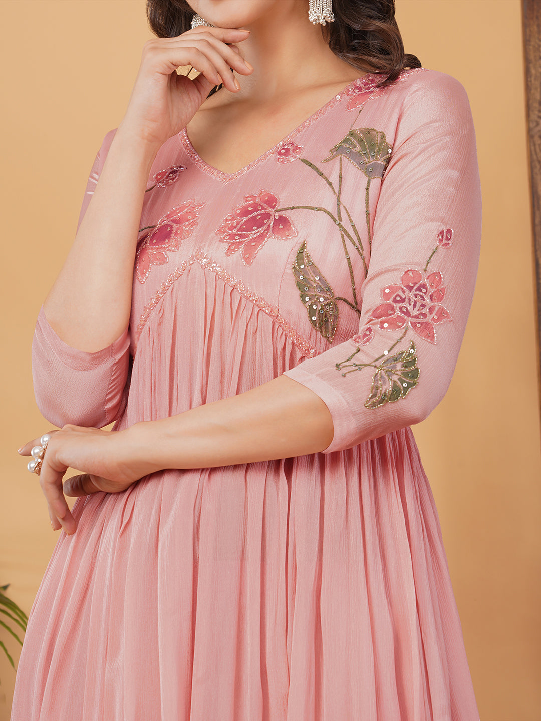 Pink Embroidered Anarkali Kurta Set with Dupatta & Pants | Floral Festive Ethnic Suit