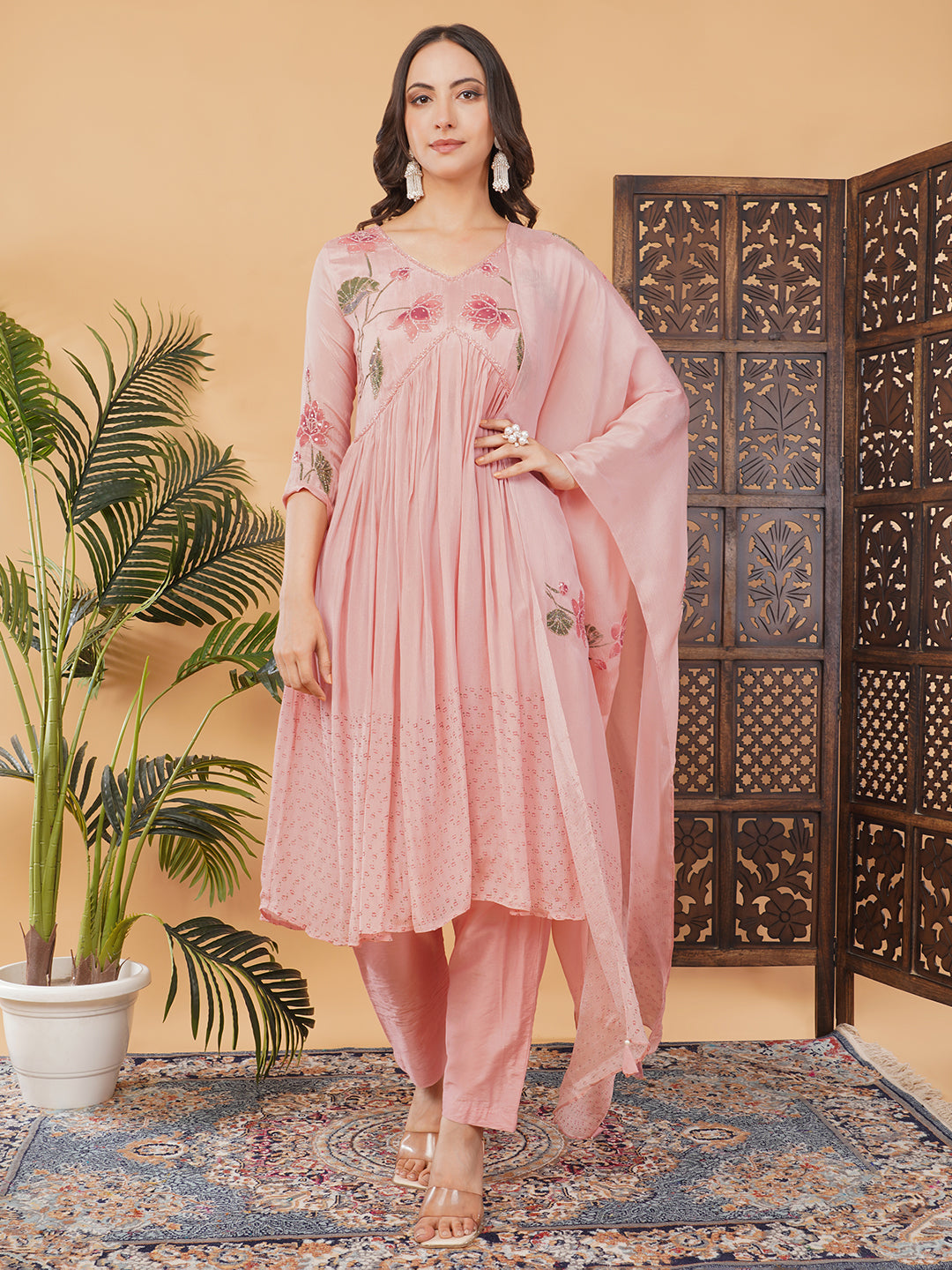 Pink Embroidered Anarkali Kurta Set with Dupatta & Pants | Floral Festive Ethnic Suit