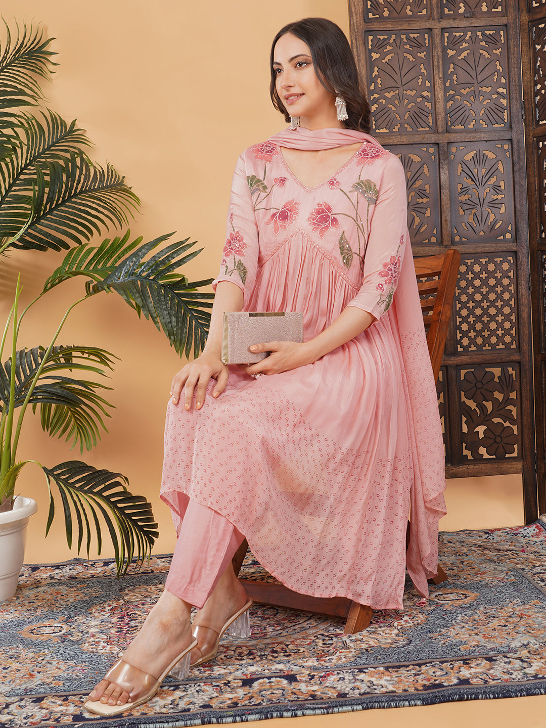 Pink Embroidered Anarkali Kurta Set with Dupatta & Pants | Floral Festive Ethnic Suit