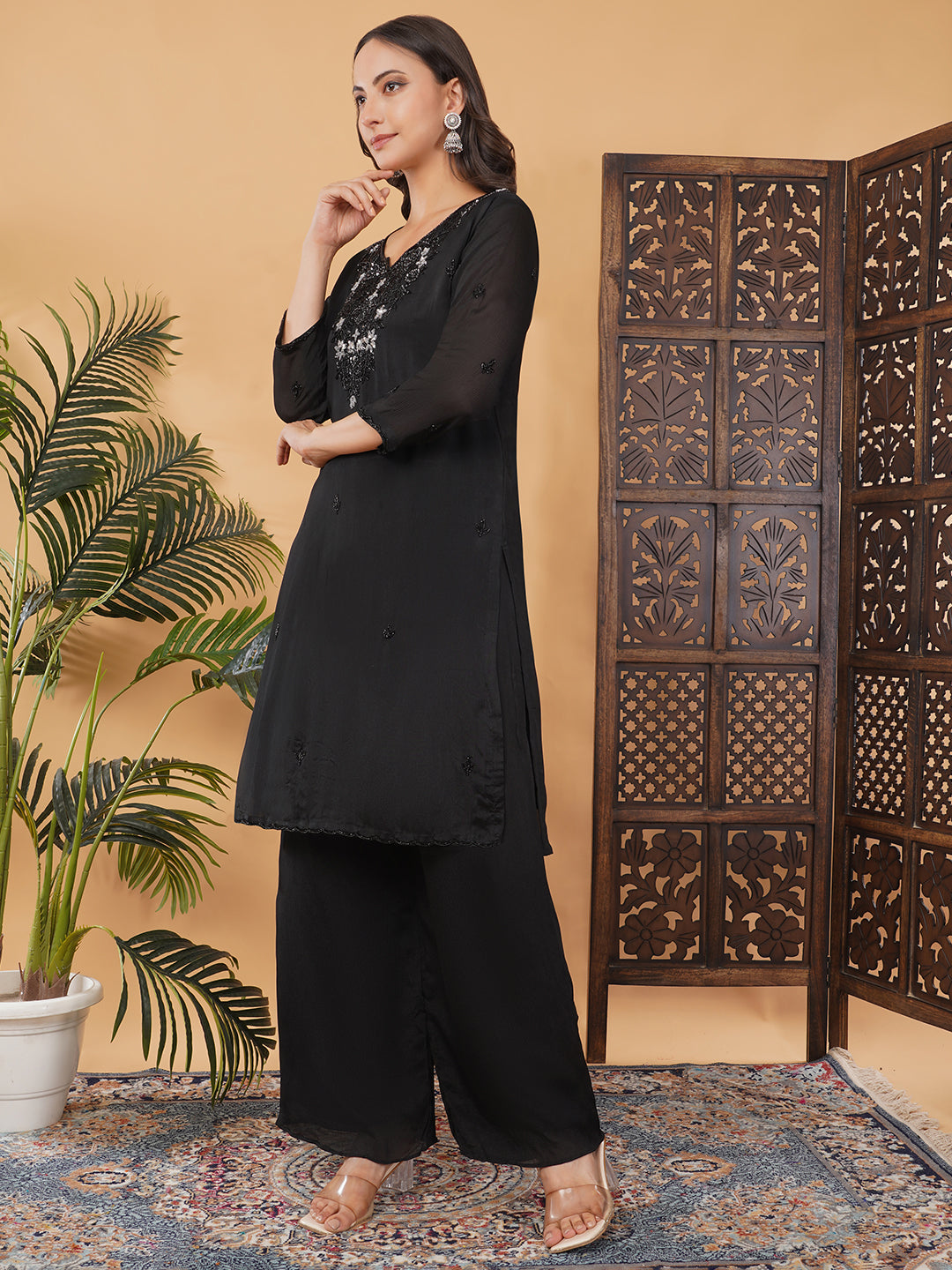 Black Embroidered Kurta Set with Palazzo & Dupatta | Designer Party Wear Ethnic Suit