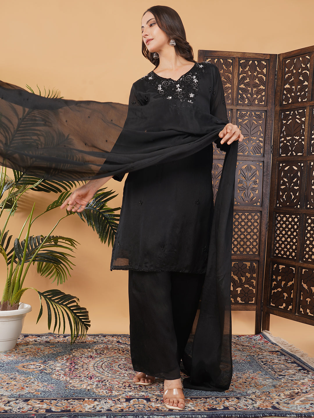 Black Embroidered Kurta Set with Palazzo & Dupatta | Designer Party Wear Ethnic Suit