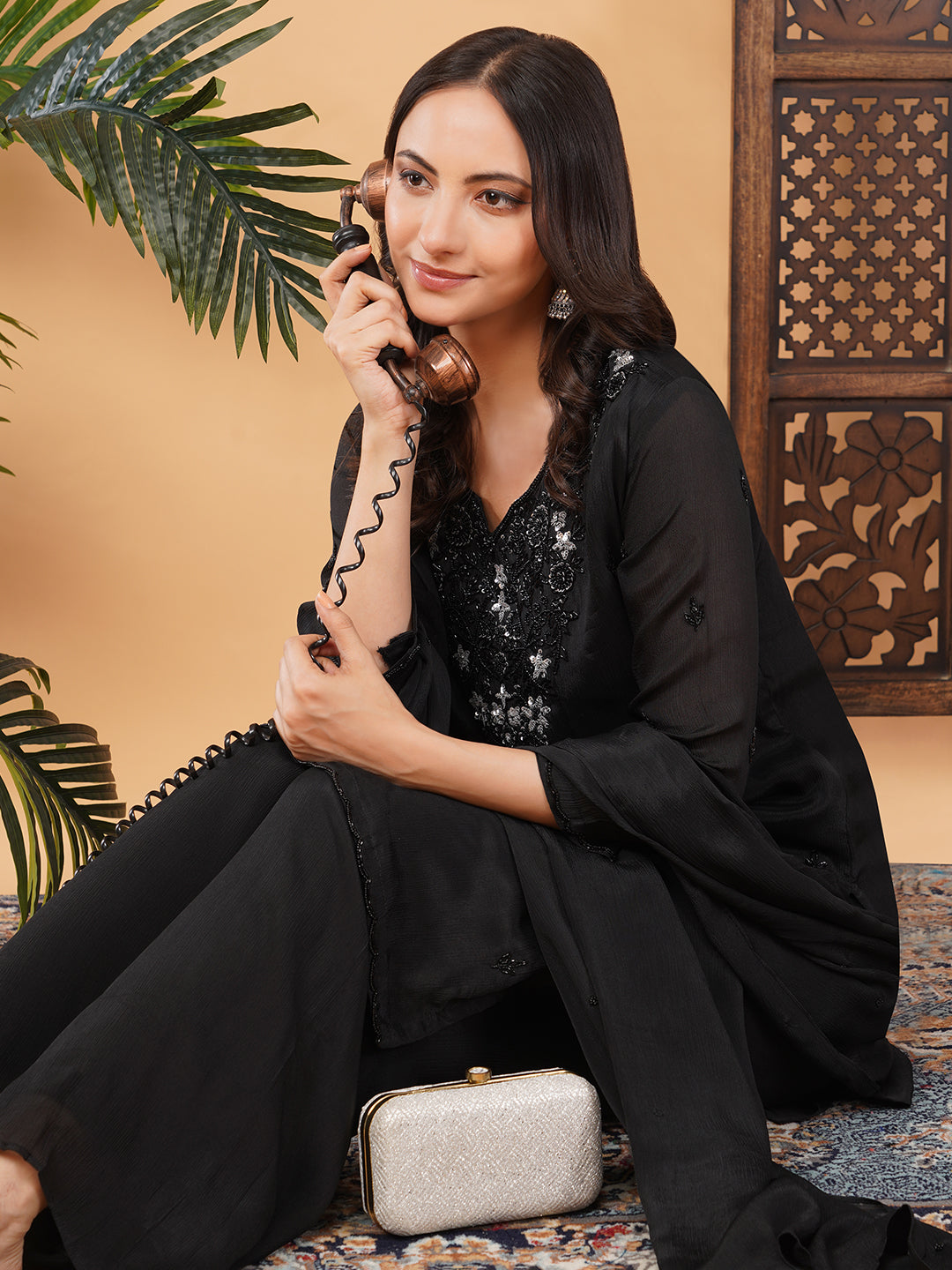 Black Embroidered Kurta Set with Palazzo & Dupatta | Designer Party Wear Ethnic Suit