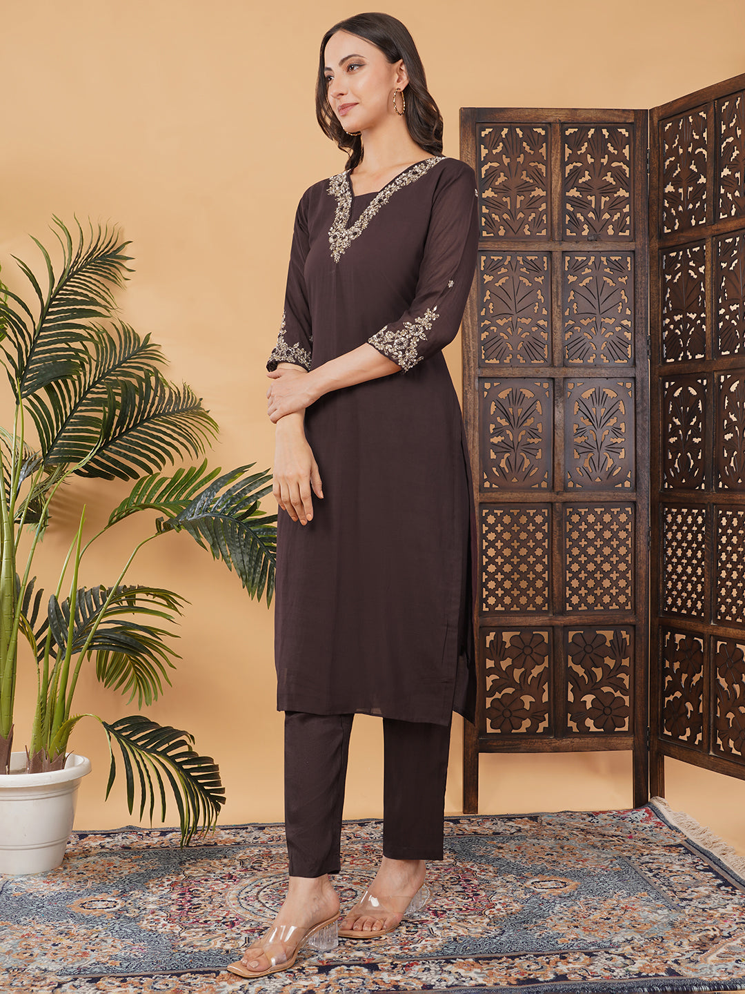 Brown Zardozi Embroidered Kurta Set with Banarasi Dupatta & Pants | Designer Festive Ethnic Suit