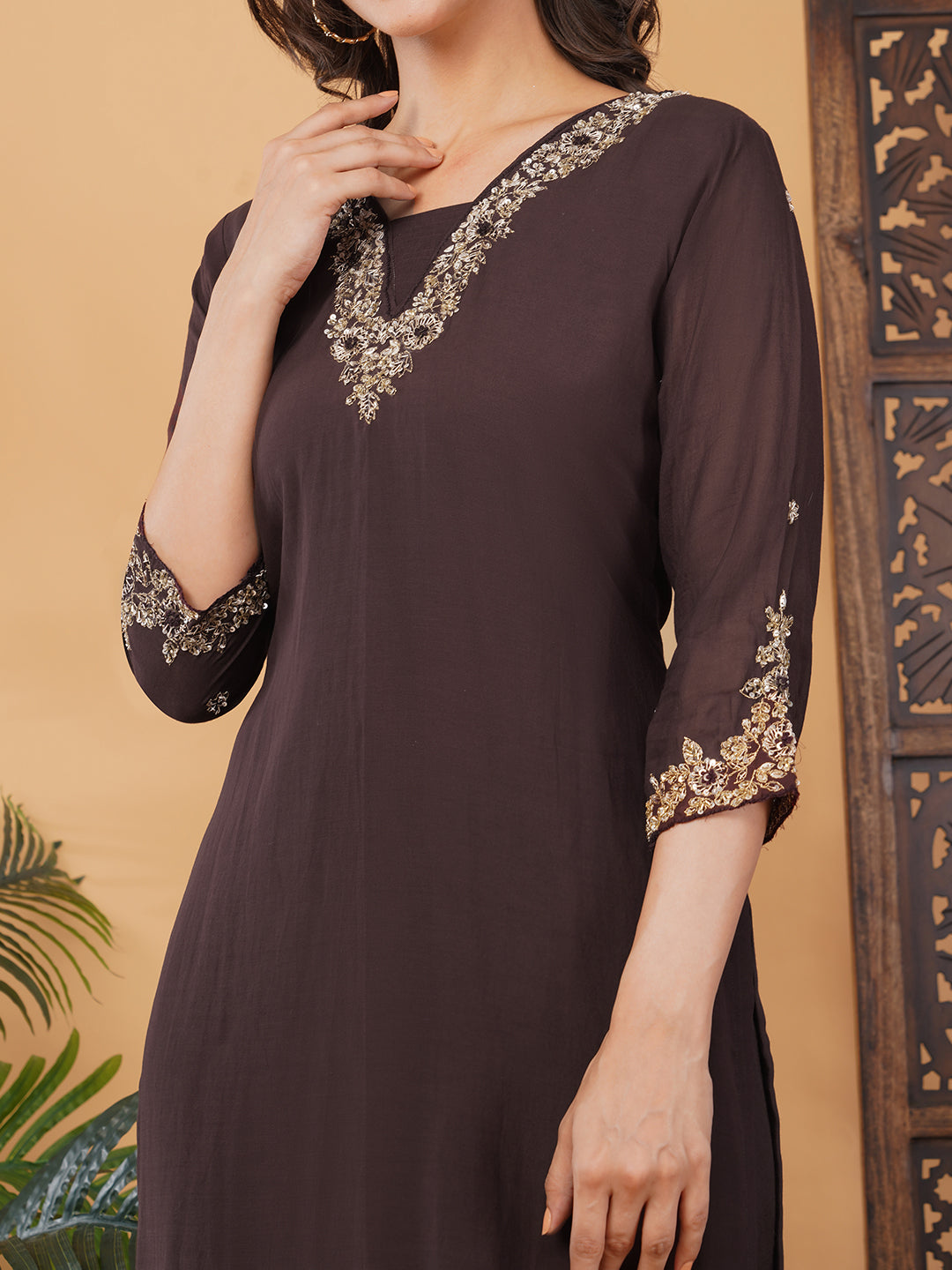 Brown Zardozi Embroidered Kurta Set with Banarasi Dupatta & Pants | Designer Festive Ethnic Suit