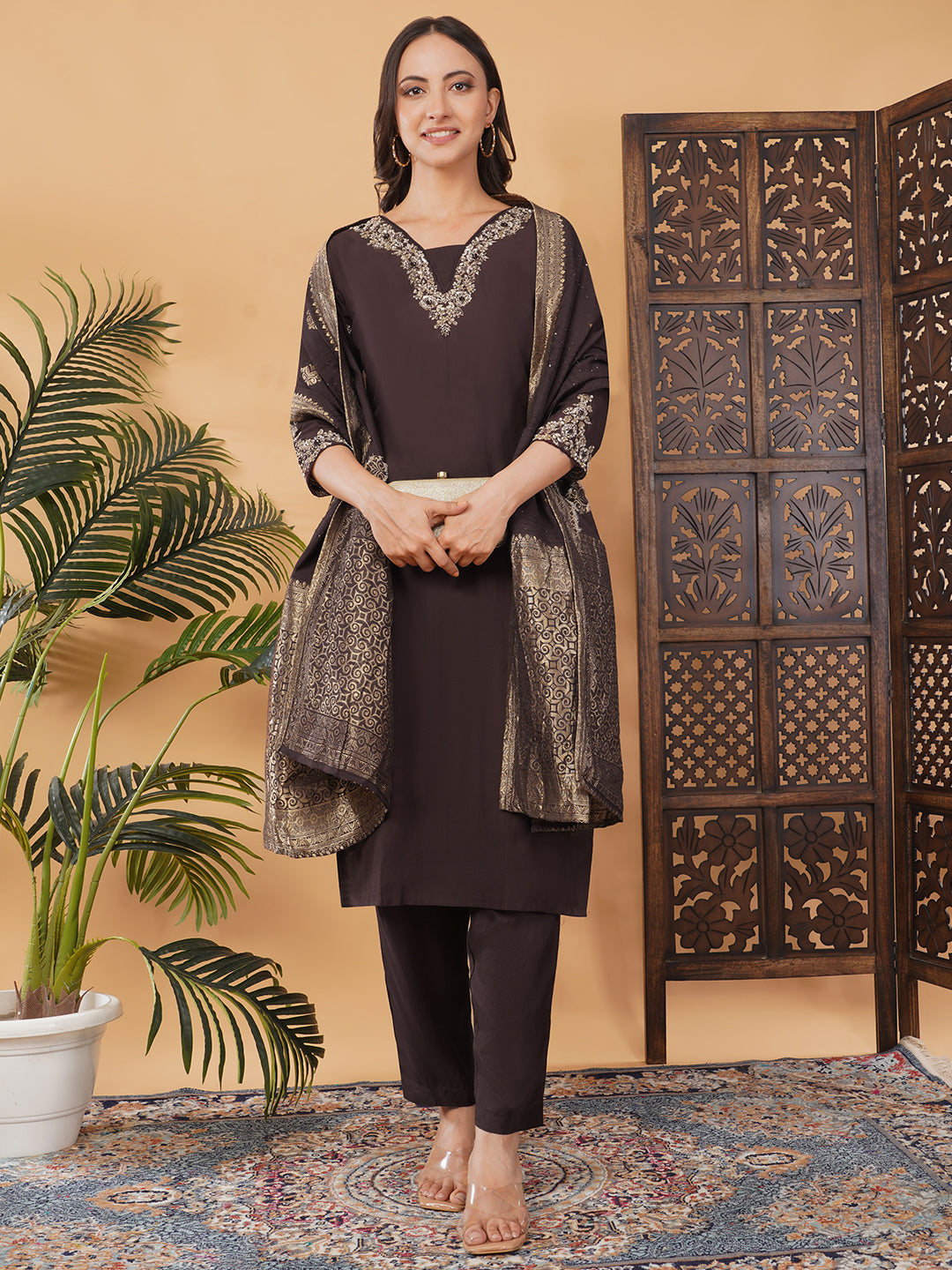 Brown Zardozi Embroidered Kurta Set with Banarasi Dupatta & Pants | Designer Festive Ethnic Suit