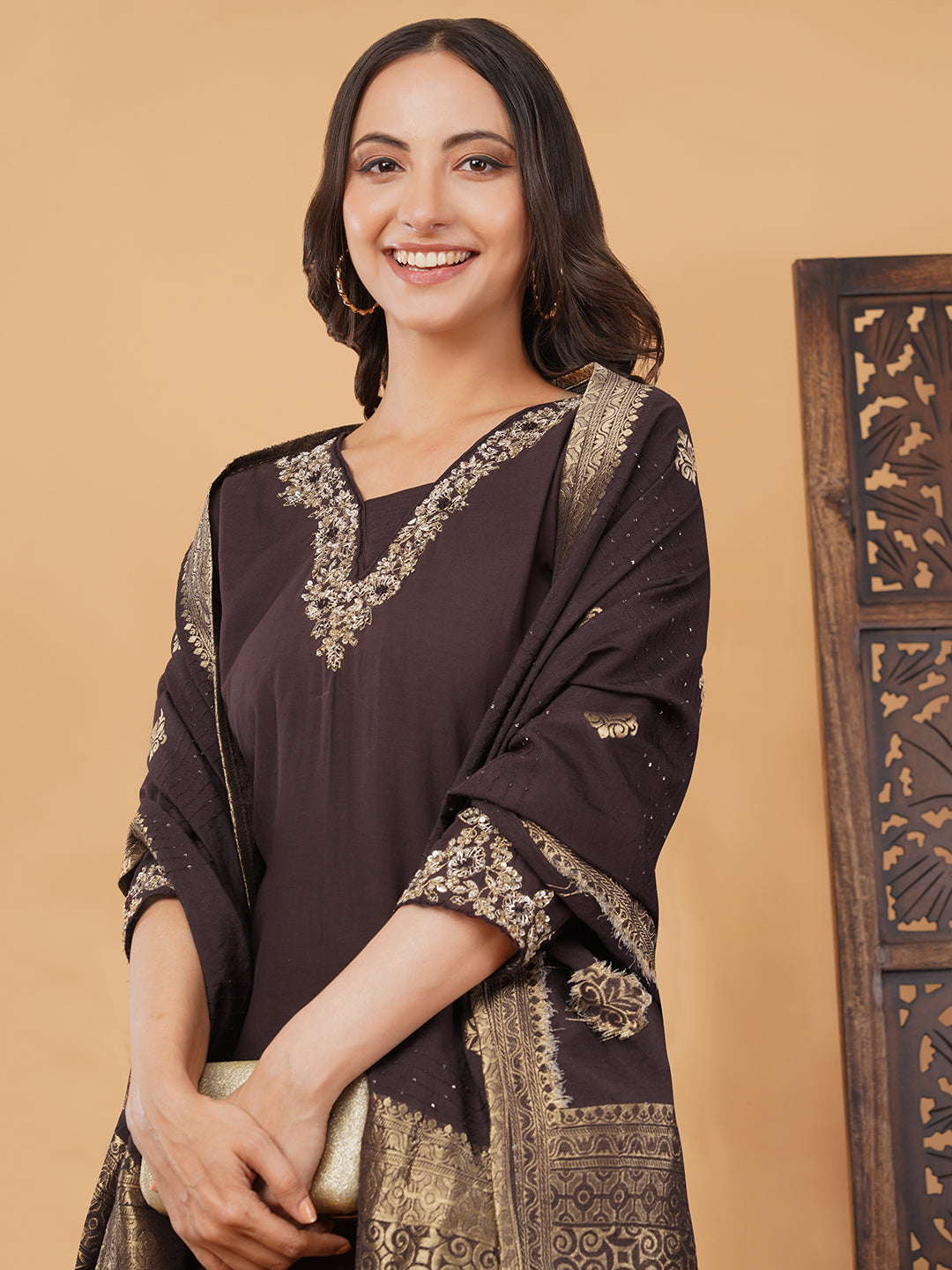 Brown Zardozi Embroidered Kurta Set with Banarasi Dupatta & Pants | Designer Festive Ethnic Suit
