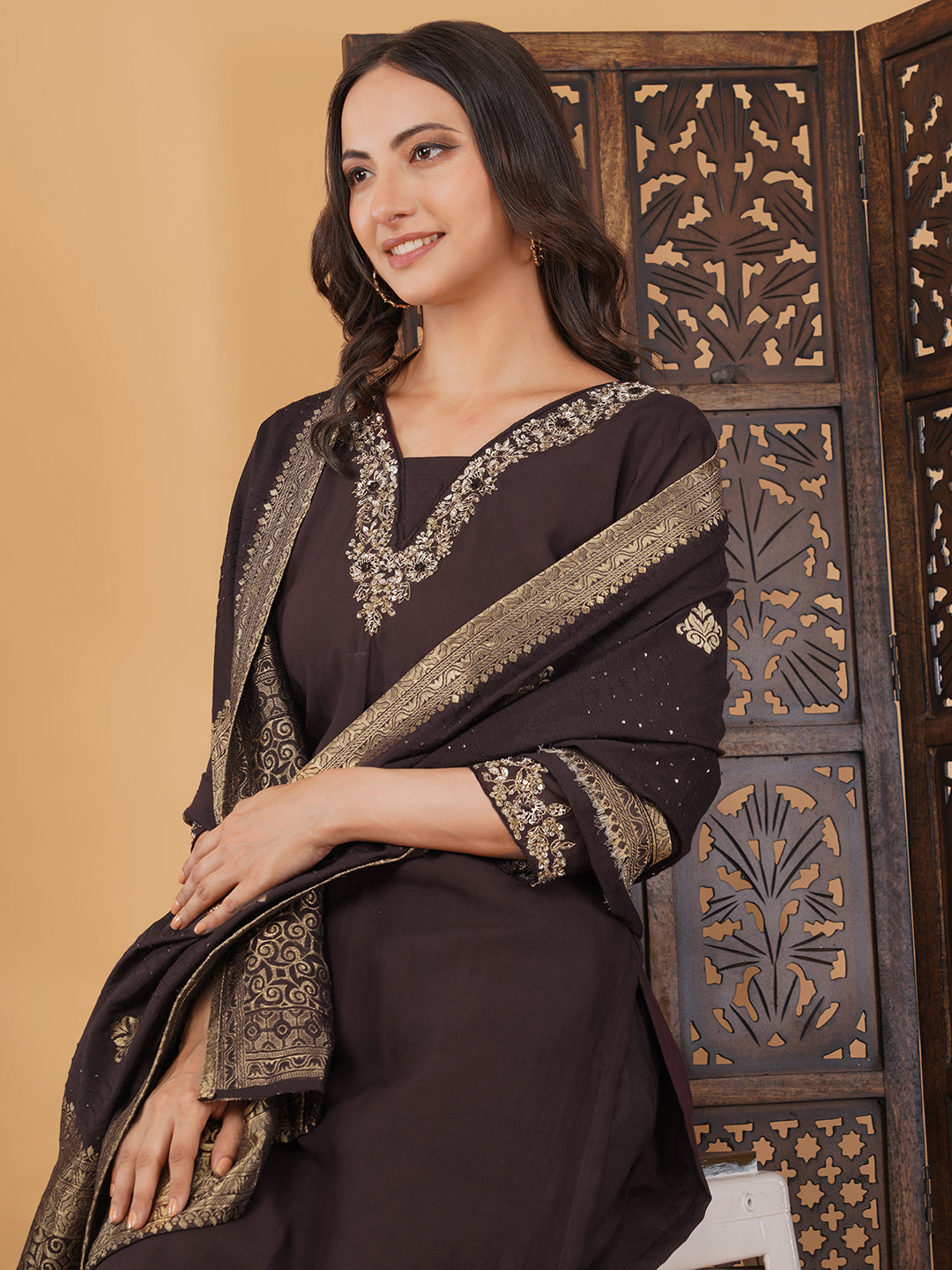 Brown Zardozi Embroidered Kurta Set with Banarasi Dupatta & Pants | Designer Festive Ethnic Suit