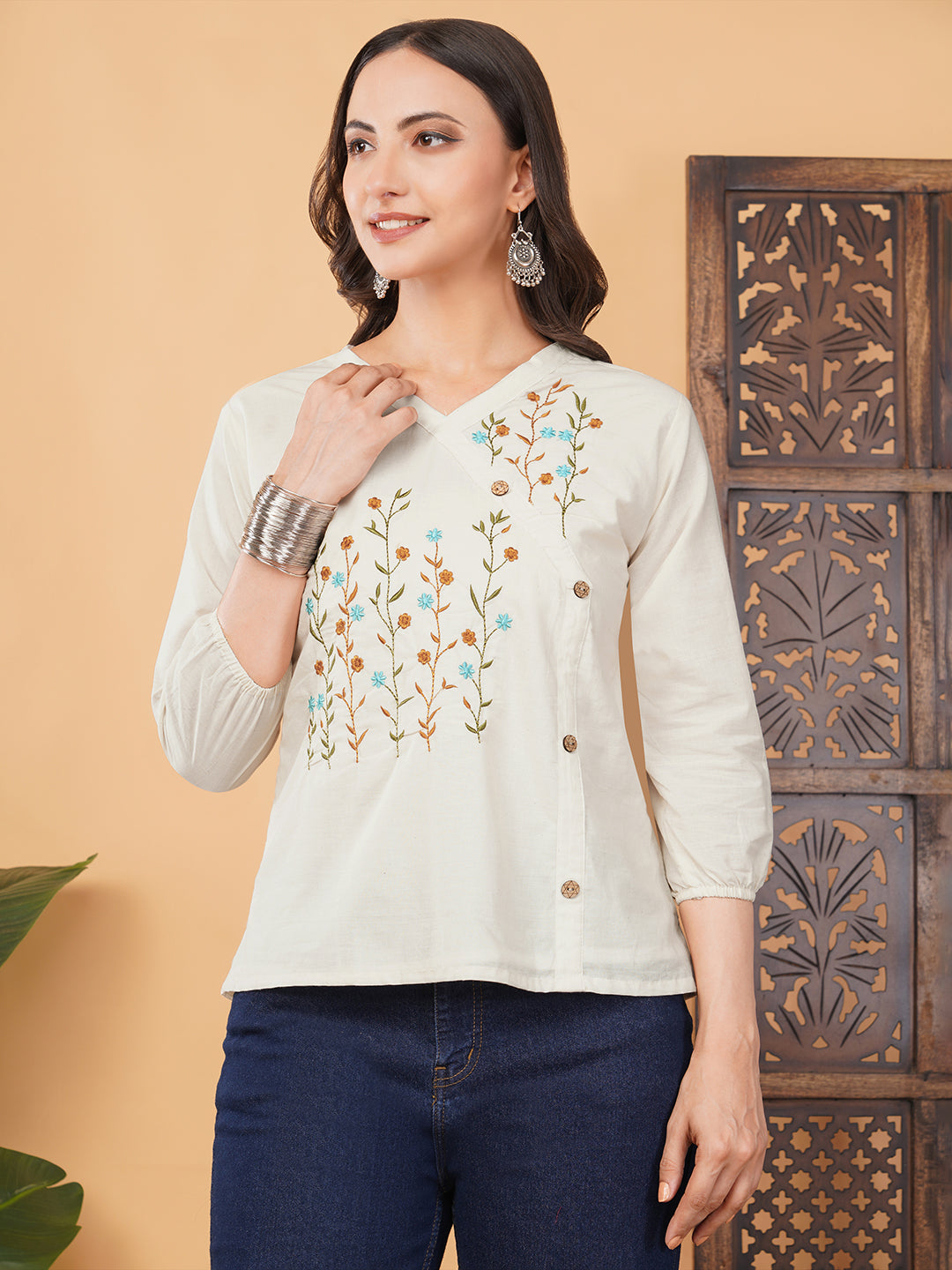 Off White Thread Embroidered Floral Tunic Top for Women | A-Line Short Kurti | Casual Office Wear