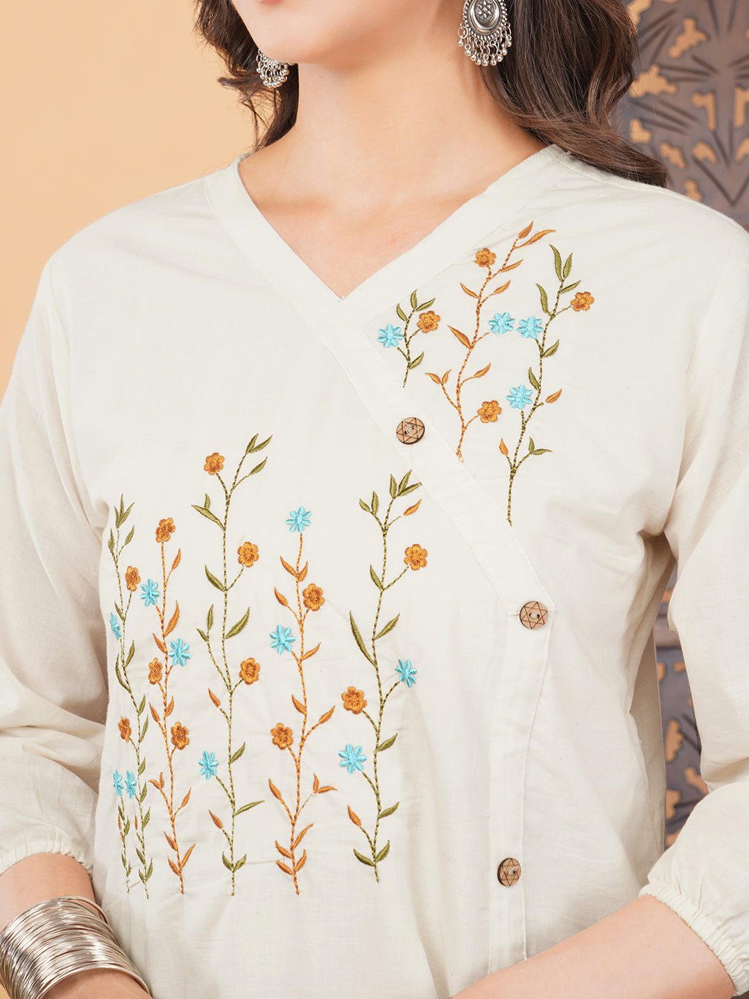 Off White Thread Embroidered Floral Tunic Top for Women | A-Line Short Kurti | Casual Office Wear