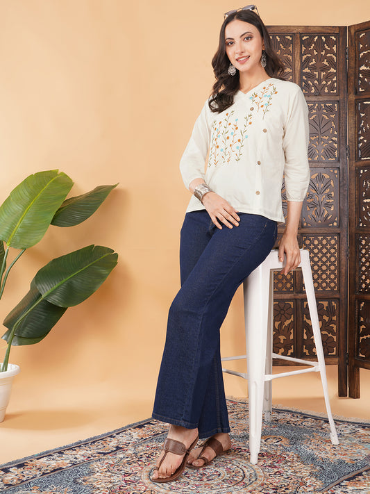 Off White Thread Embroidered Floral Tunic Top for Women | A-Line Short Kurti | Casual Office Wear
