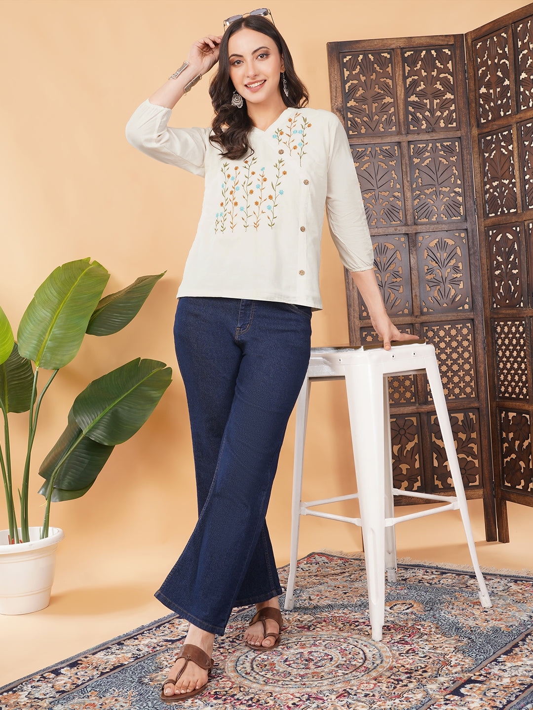 Off White Thread Embroidered Floral Tunic Top for Women | A-Line Short Kurti | Casual Office Wear