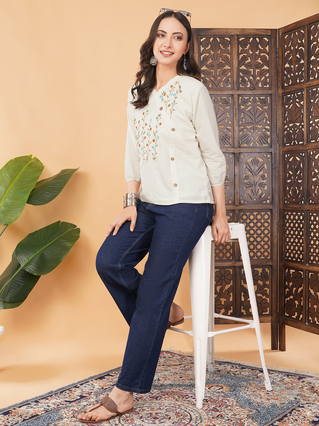 Off White Thread Embroidered Floral Tunic Top for Women | A-Line Short Kurti | Casual Office Wear