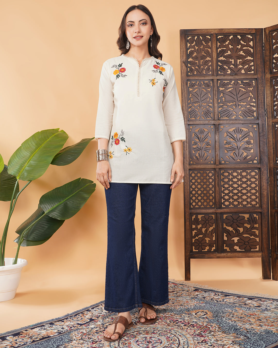 Off White Thread Embroidered Floral A-Line Kurti for Women | Casual & Office Wear Ethnic Kurta