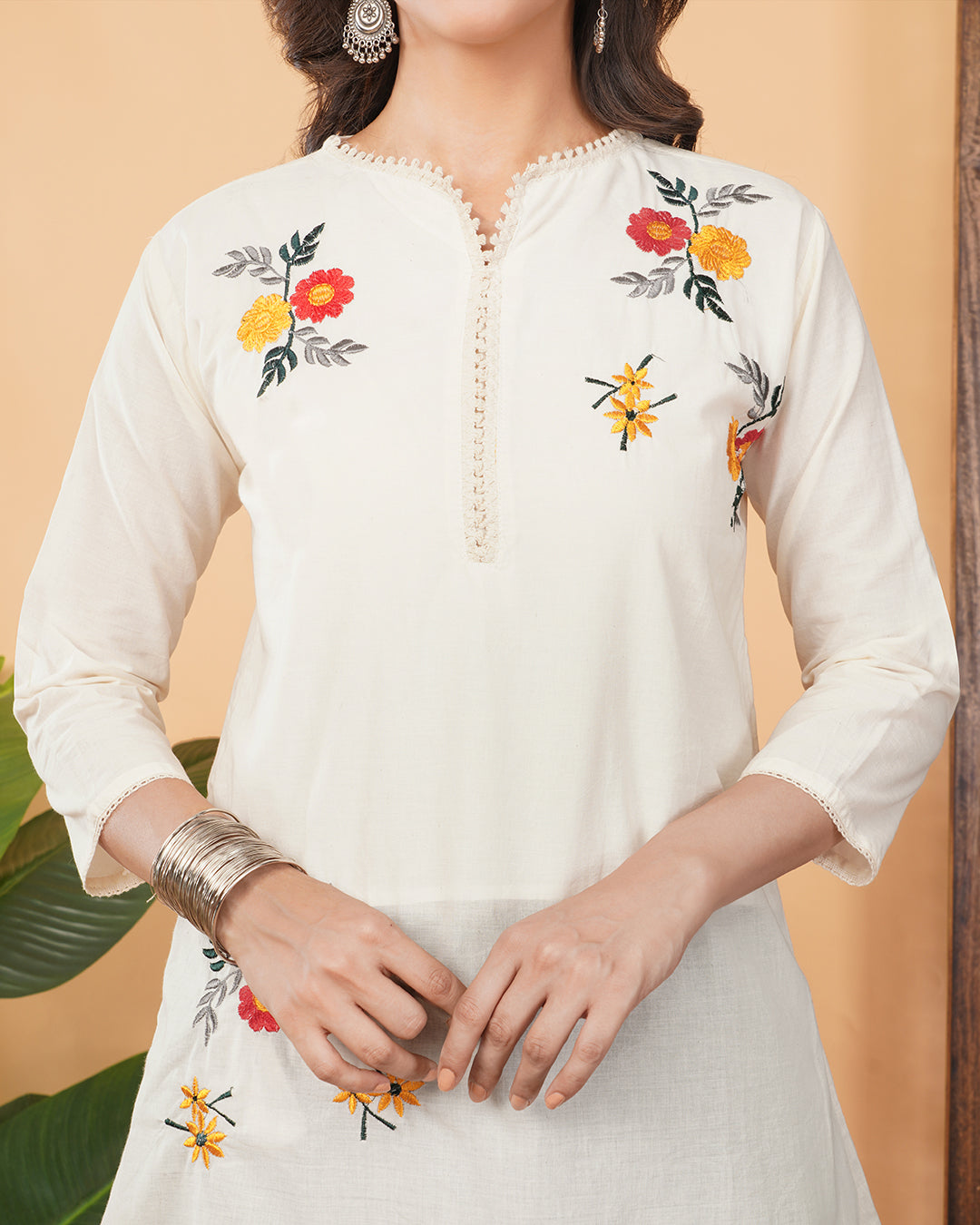 Off White Thread Embroidered Floral A-Line Kurti for Women | Casual & Office Wear Ethnic Kurta