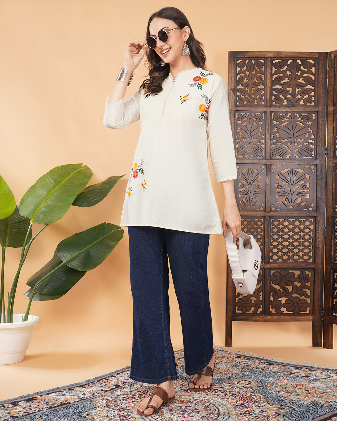 Off White Thread Embroidered Floral A-Line Kurti for Women | Casual & Office Wear Ethnic Kurta