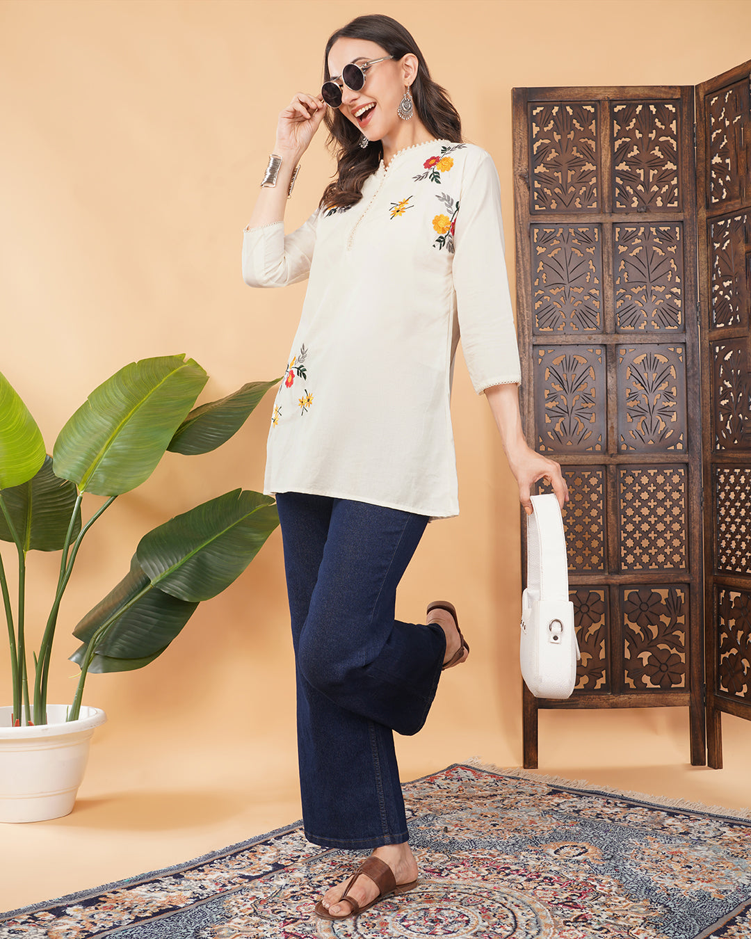 Off White Thread Embroidered Floral A-Line Kurti for Women | Casual & Office Wear Ethnic Kurta