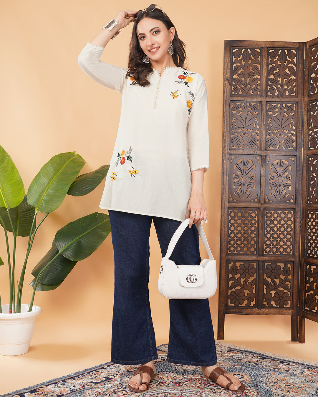 Off White Thread Embroidered Floral A-Line Kurti for Women | Casual & Office Wear Ethnic Kurta