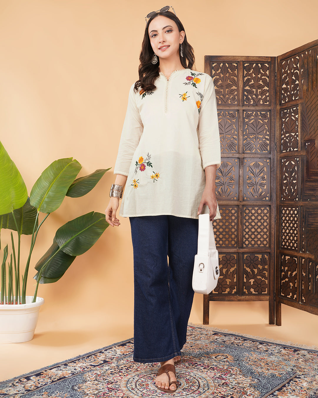 Off White Thread Embroidered Floral A-Line Kurti for Women | Casual & Office Wear Ethnic Kurta