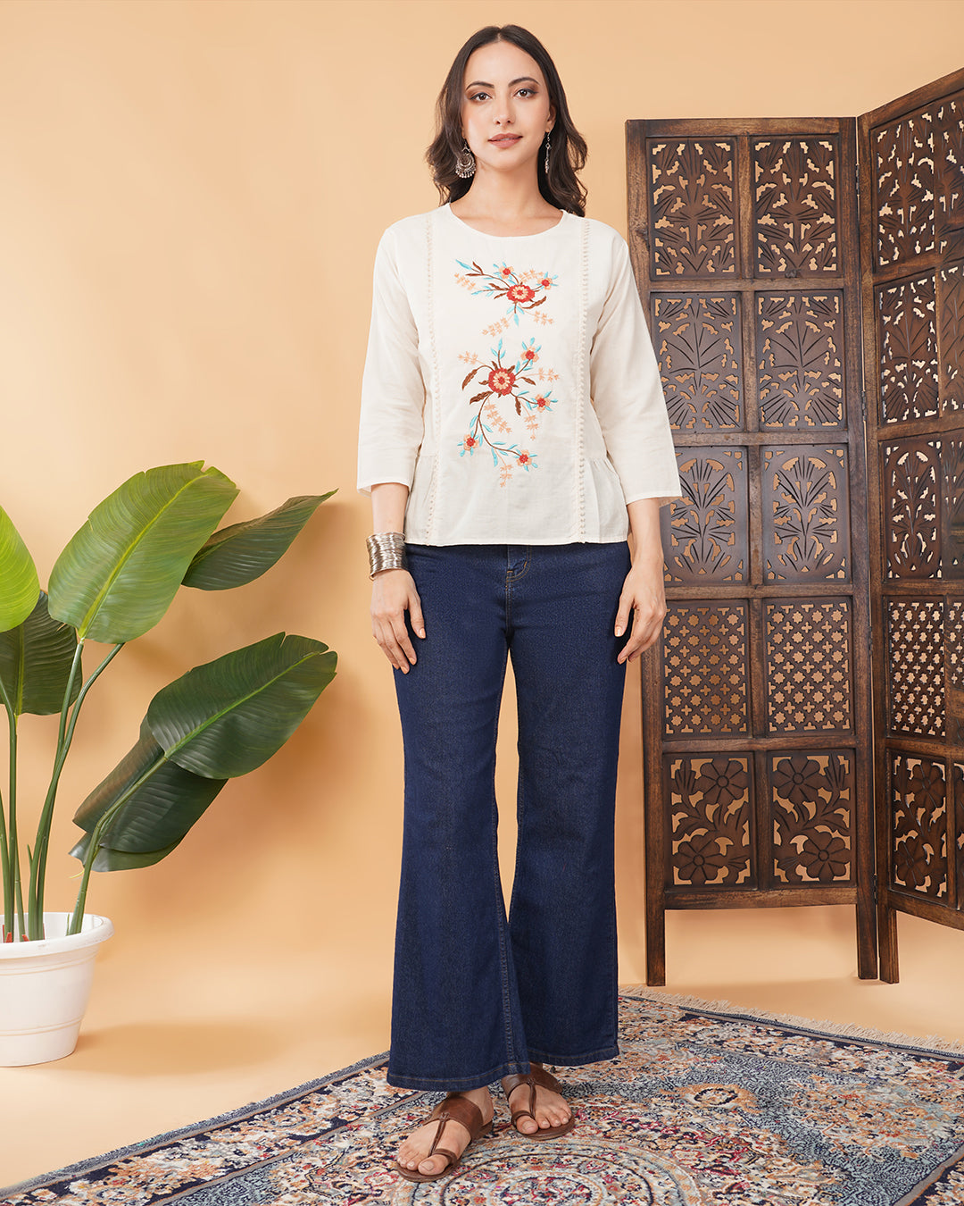 Off White Thread Embroidered Floral Tunic Top for Women | Tiered A-Line Ethnic Top | Casual Office Wear (Copy)