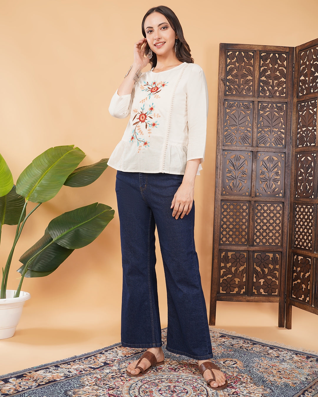 Off White Thread Embroidered Floral Tunic Top for Women | Tiered A-Line Ethnic Top | Casual Office Wear (Copy)