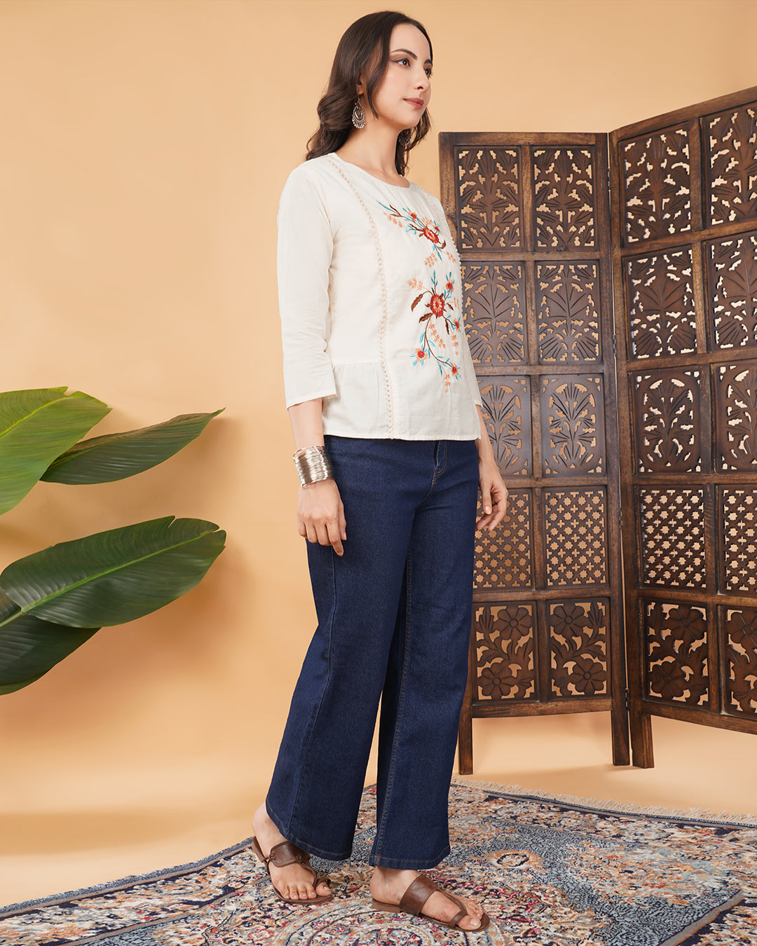Off White Thread Embroidered Floral Tunic Top for Women | Tiered A-Line Ethnic Top | Casual Office Wear (Copy)