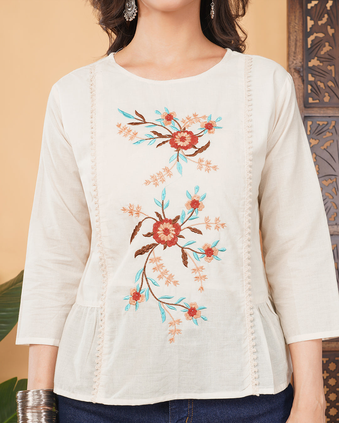 Off White Thread Embroidered Floral Tunic Top for Women | Tiered A-Line Ethnic Top | Casual Office Wear (Copy)