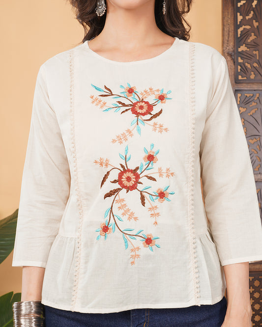 Off White Thread Embroidered Floral Tunic Top for Women | Tiered A-Line Ethnic Top | Casual Office Wear (Copy)