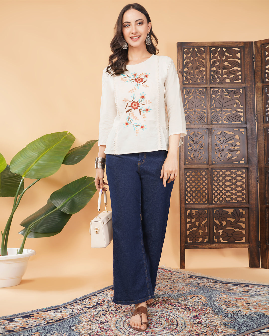 Off White Thread Embroidered Floral Tunic Top for Women | Tiered A-Line Ethnic Top | Casual Office Wear (Copy)