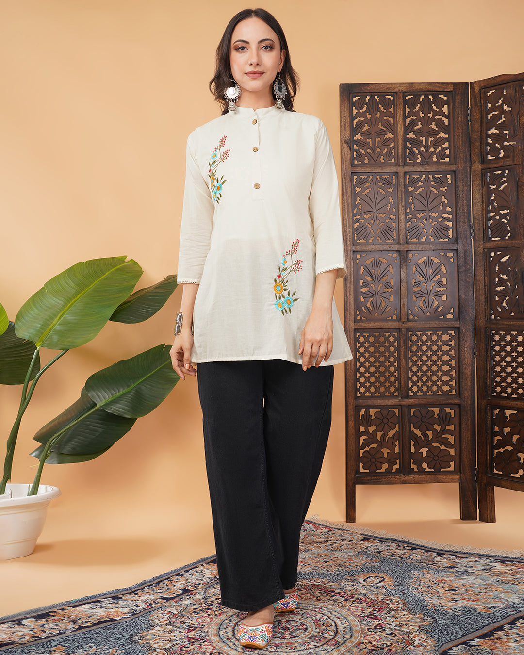 Off White Thread Floral Embroidered Short Kurti for Women | A-Line Fit Ethnic Wear