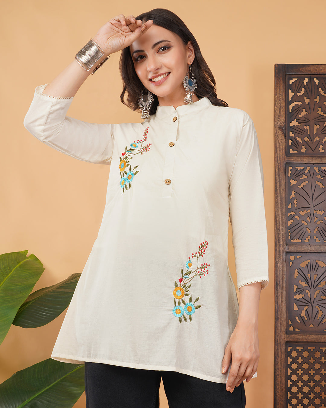 Off White Thread Floral Embroidered Short Kurti for Women | A-Line Fit Ethnic Wear