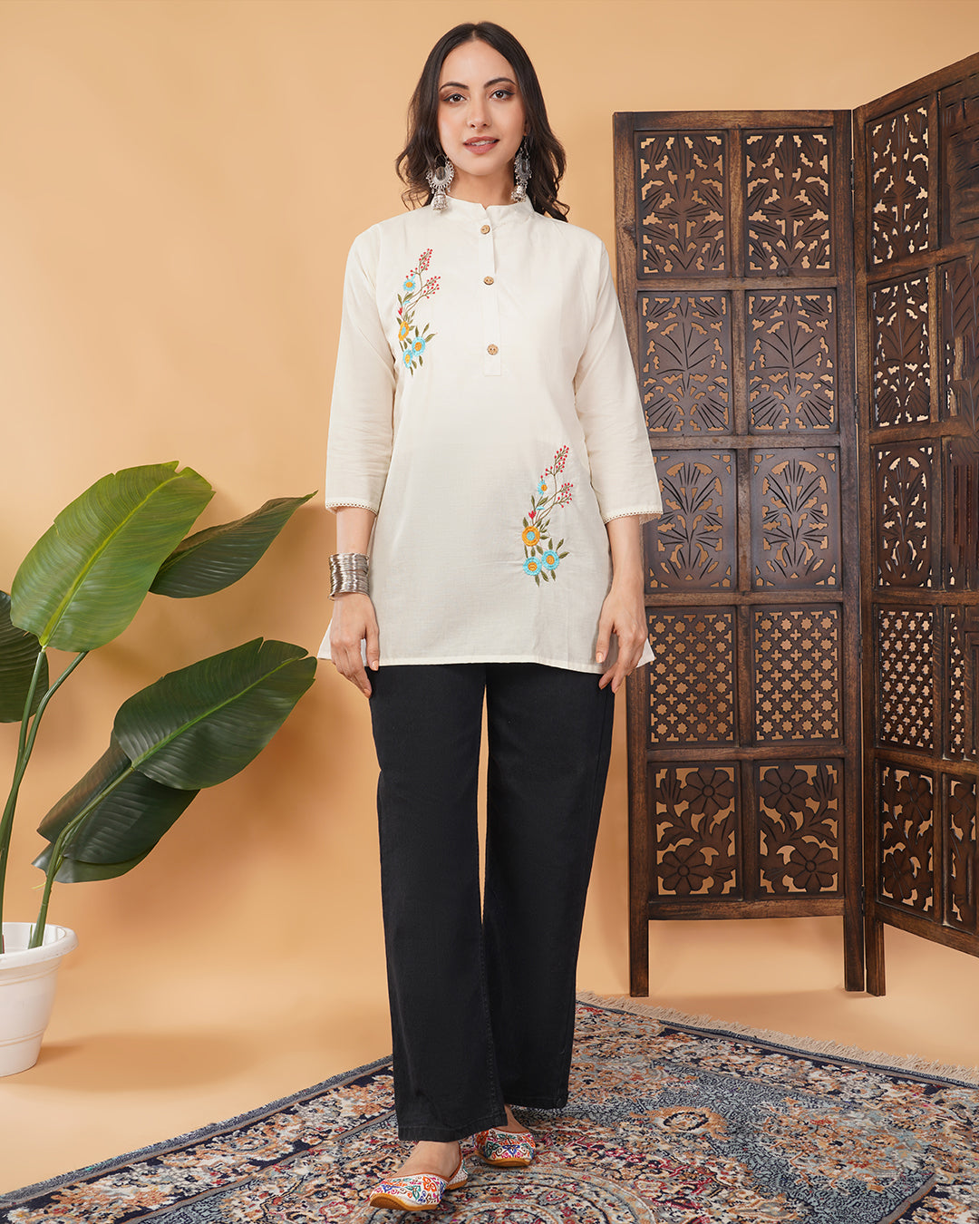 Off White Thread Floral Embroidered Short Kurti for Women | A-Line Fit Ethnic Wear