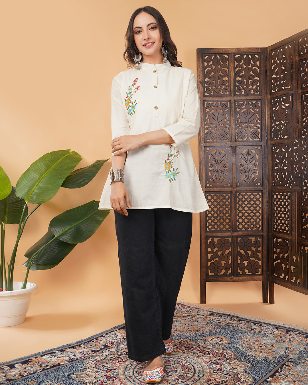 Off White Thread Floral Embroidered Short Kurti for Women | A-Line Fit Ethnic Wear