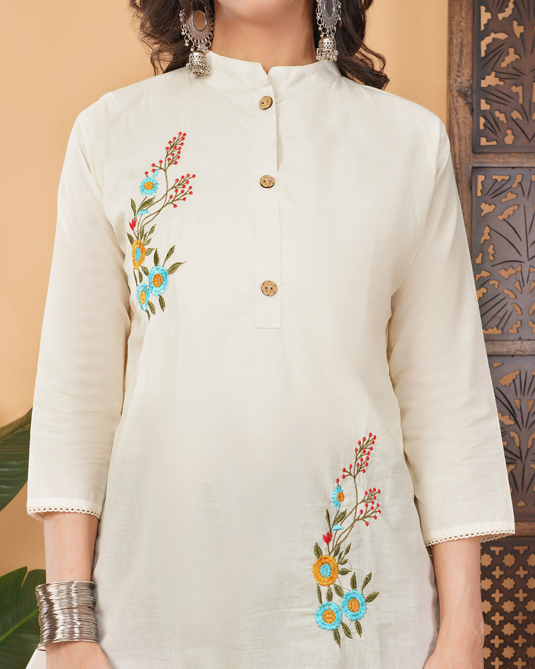 Off White Thread Floral Embroidered Short Kurti for Women | A-Line Fit Ethnic Wear