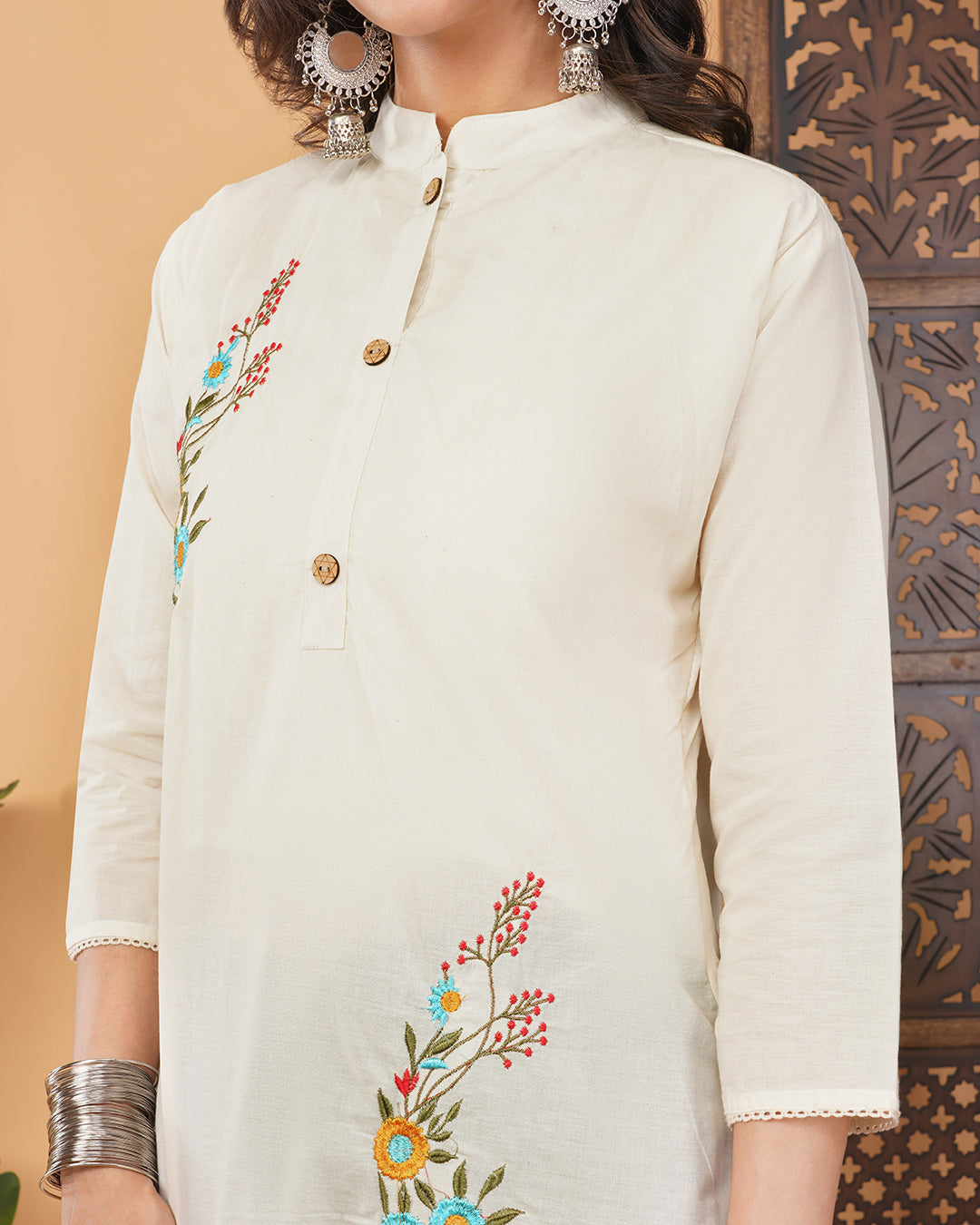 Off White Thread Floral Embroidered Short Kurti for Women | A-Line Fit Ethnic Wear