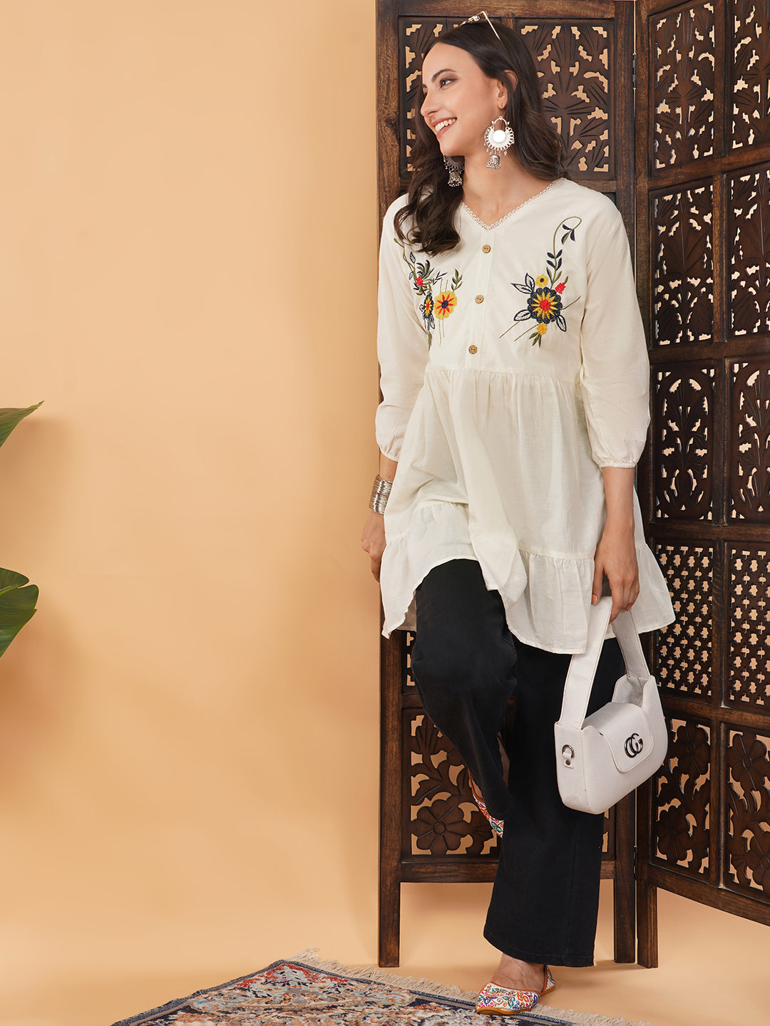 Off White Thread Embroidered Floral Tunic Top for Women | Tiered A-Line Short Kurti | Casual Office Wear