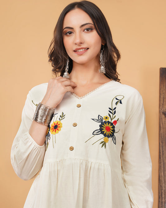 Off White Thread Embroidered Floral Tunic Top for Women | Tiered A-Line Short Kurti | Casual Office Wear