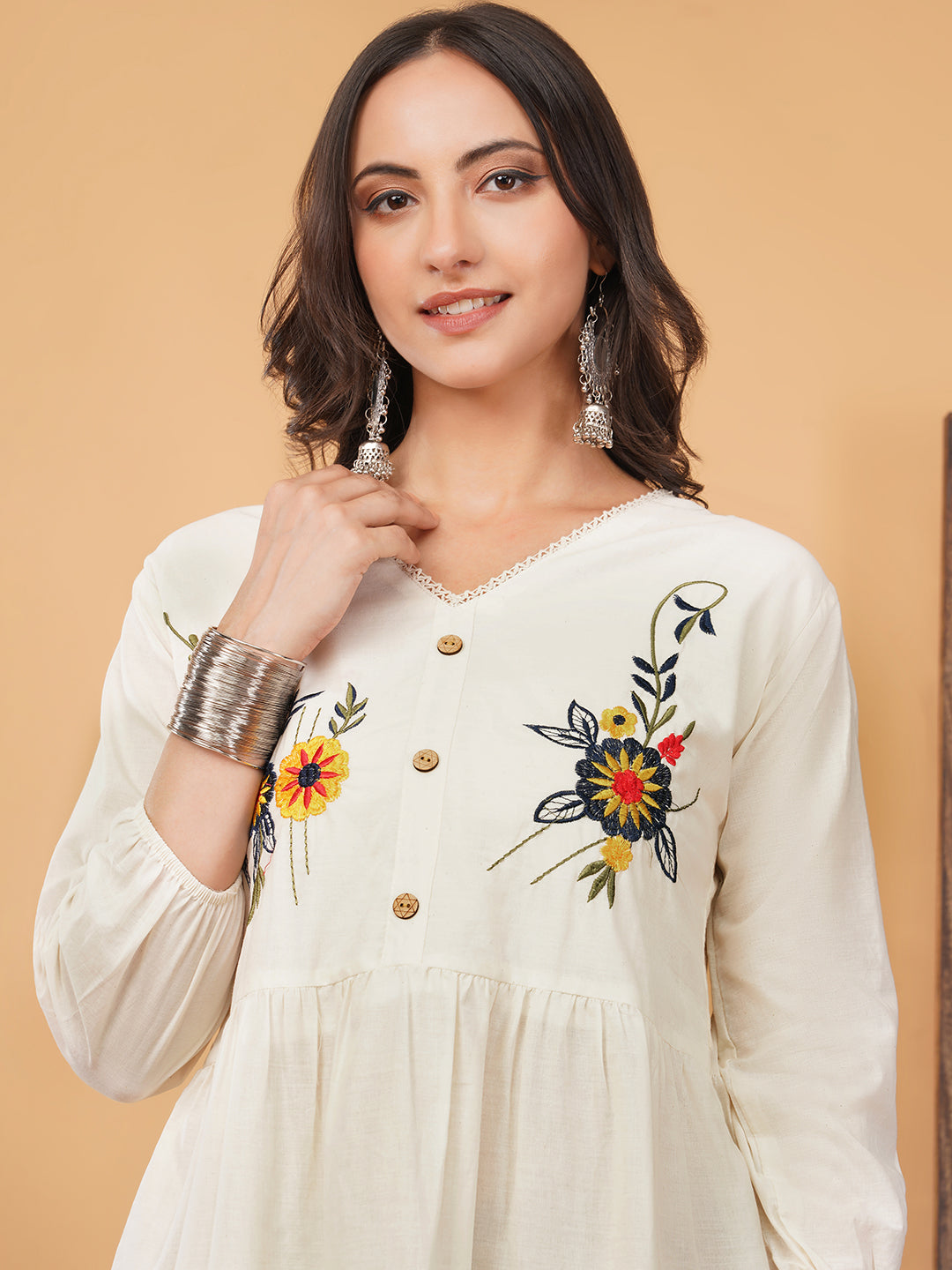 Off White Floral Embroidered Mini Dress for Women | V-Neck Tiered A-Line Western Dress | Casual Summer Boho Dress