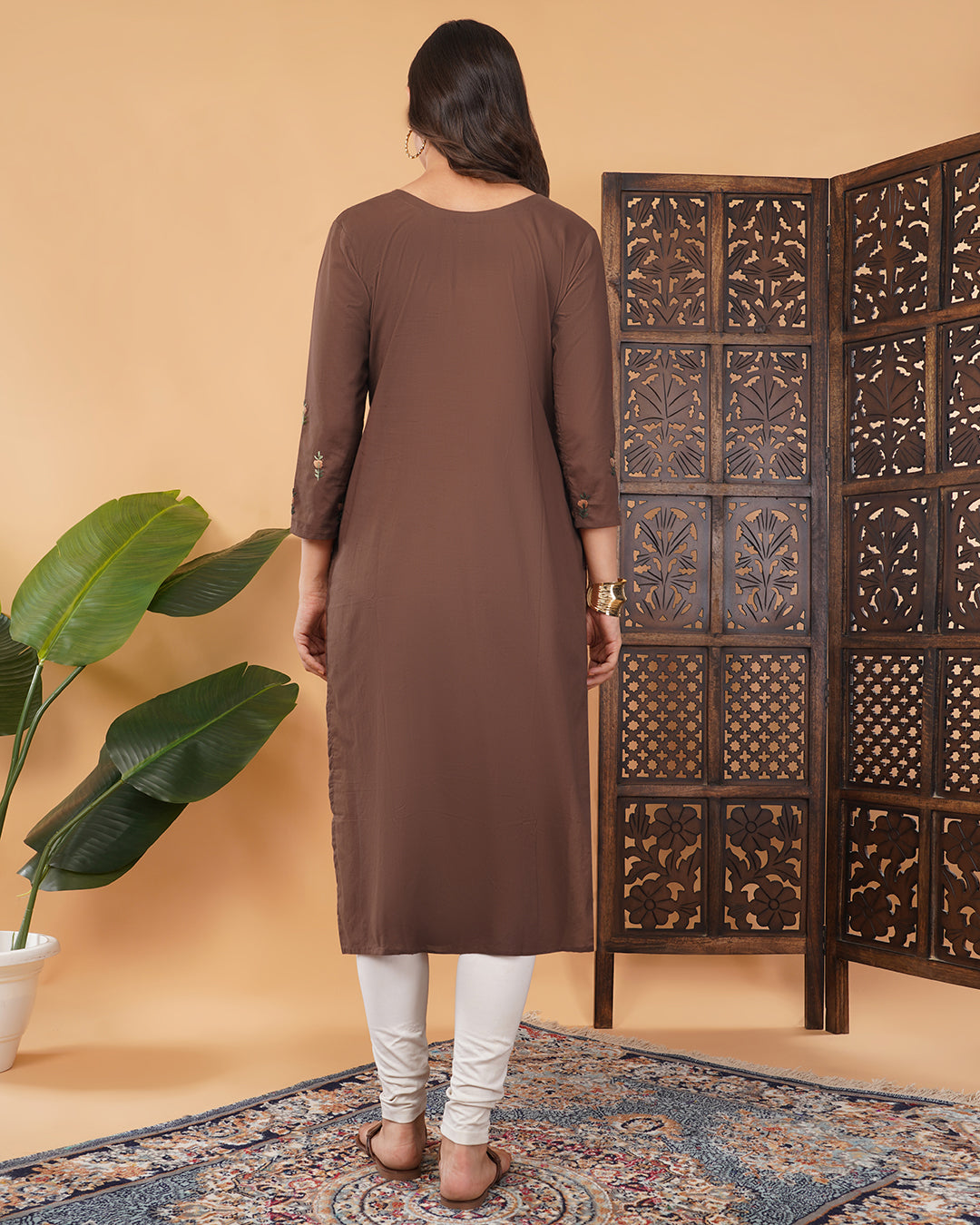 Brown Thread Embroidered Ethnic Straight Long Kurti | Casual Office Wear Daily Wear