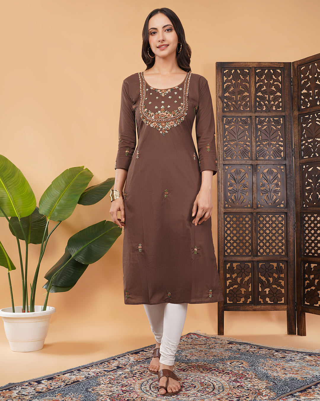 Brown Thread Embroidered Ethnic Straight Long Kurti | Casual Office Wear Daily Wear
