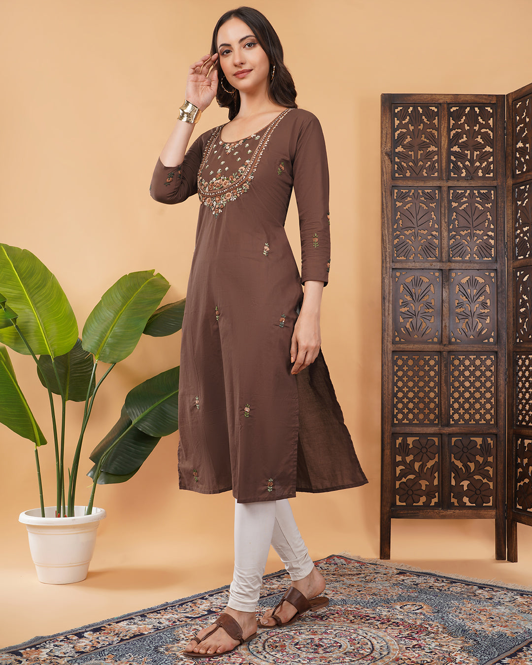 Brown Thread Embroidered Ethnic Straight Long Kurti | Casual Office Wear Daily Wear