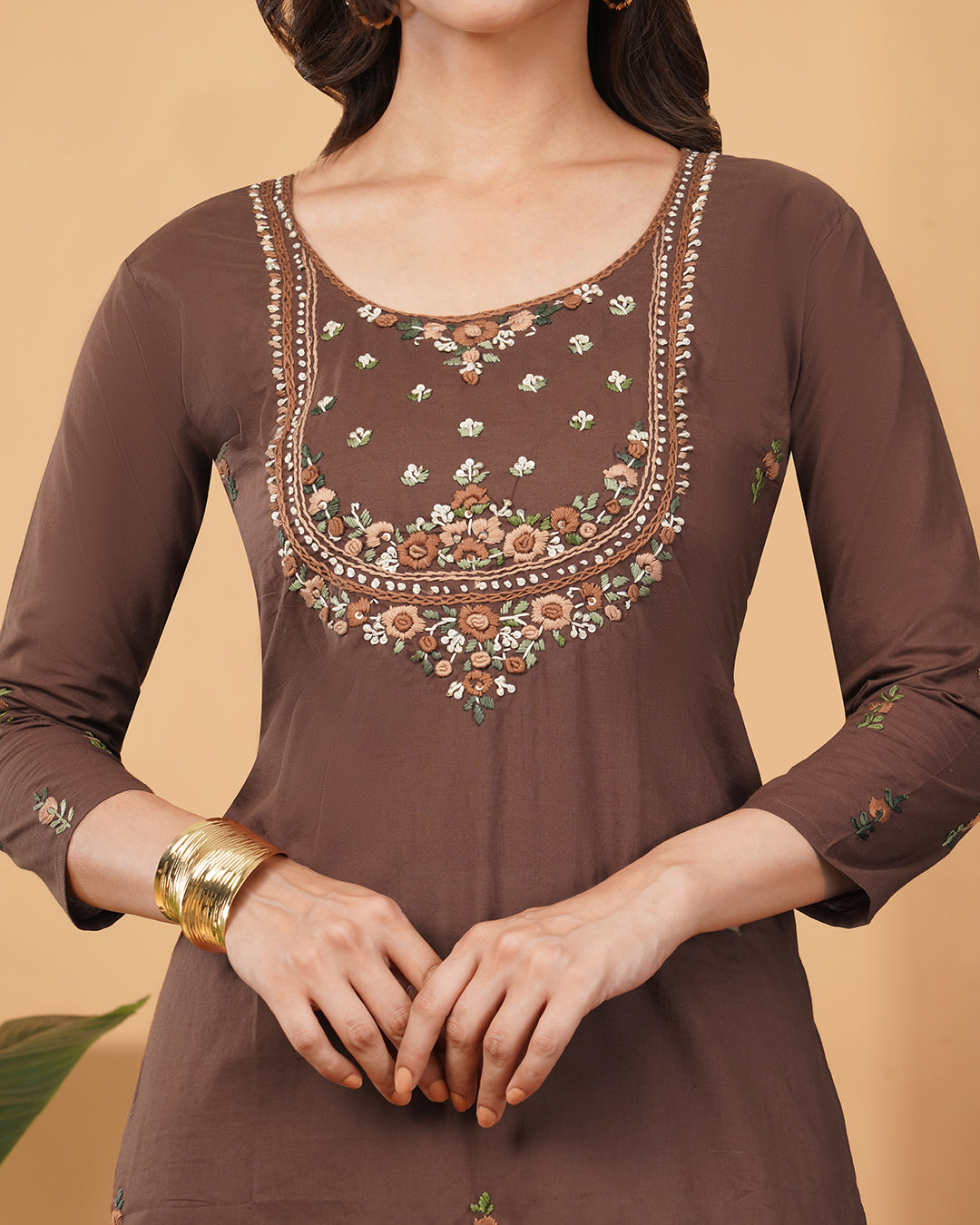 Brown Thread Embroidered Ethnic Straight Long Kurti | Casual Office Wear Daily Wear