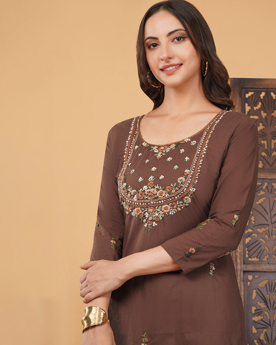 Brown Thread Embroidered Ethnic Straight Long Kurti | Casual Office Wear Daily Wear