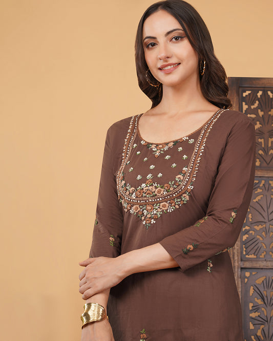 Women's Thread Embroidered Ethnic Straight Long Kurti | Casual Office Wear Daily Wear
