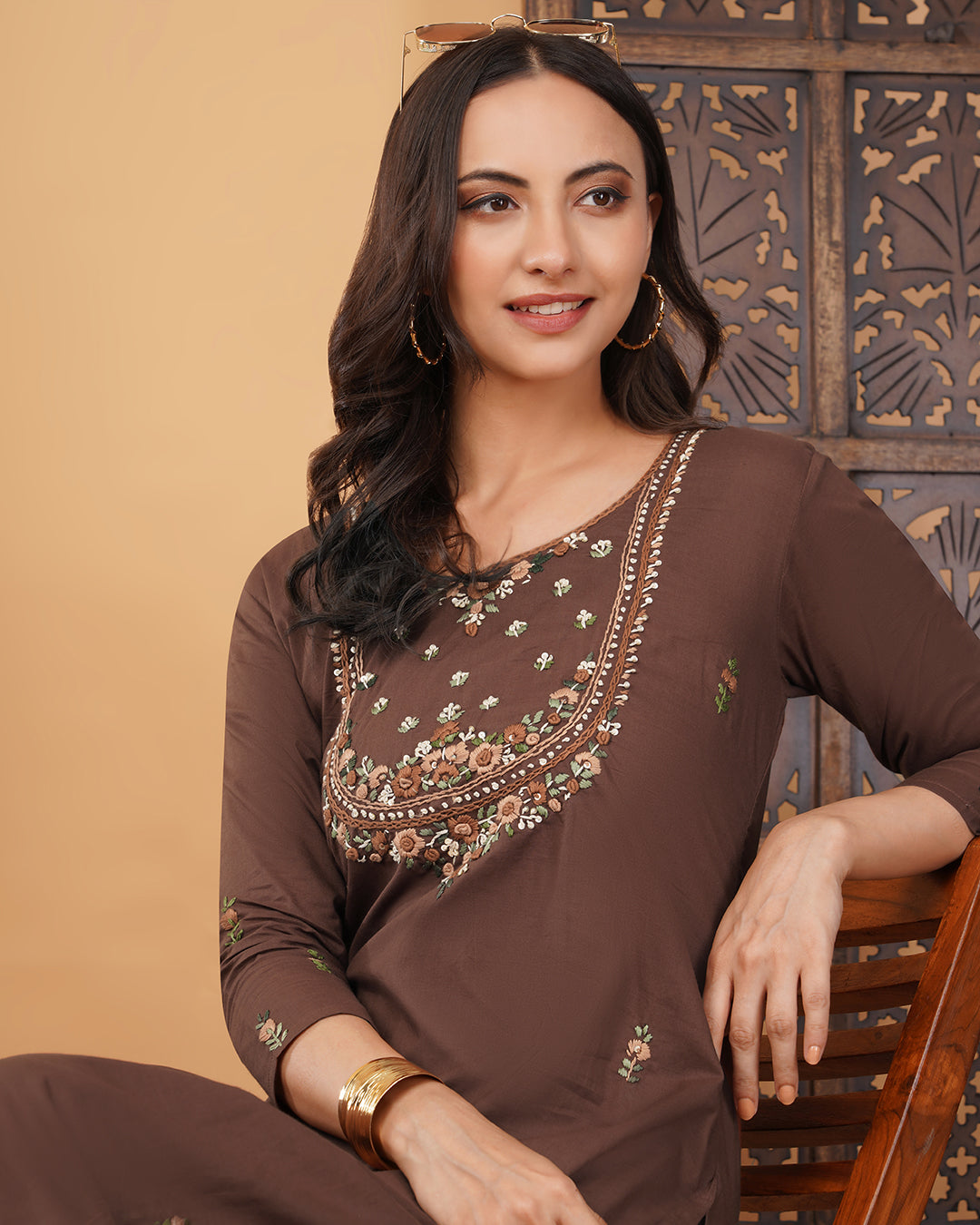 Brown Thread Embroidered Ethnic Straight Long Kurti | Casual Office Wear Daily Wear