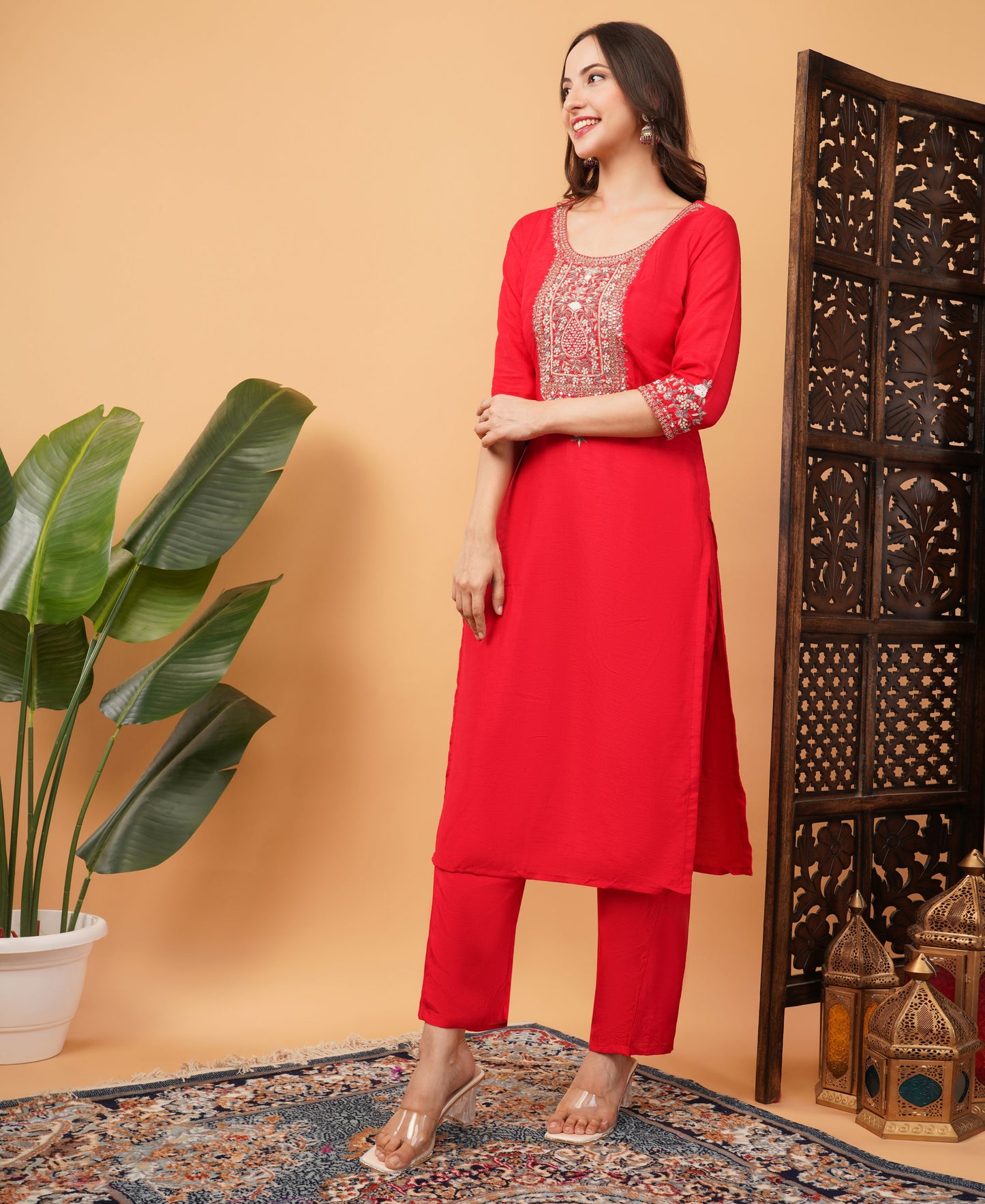 Red Designer Ethnic Embroidered Kurta Set with Pants & Dupatta - Prisachi Official
