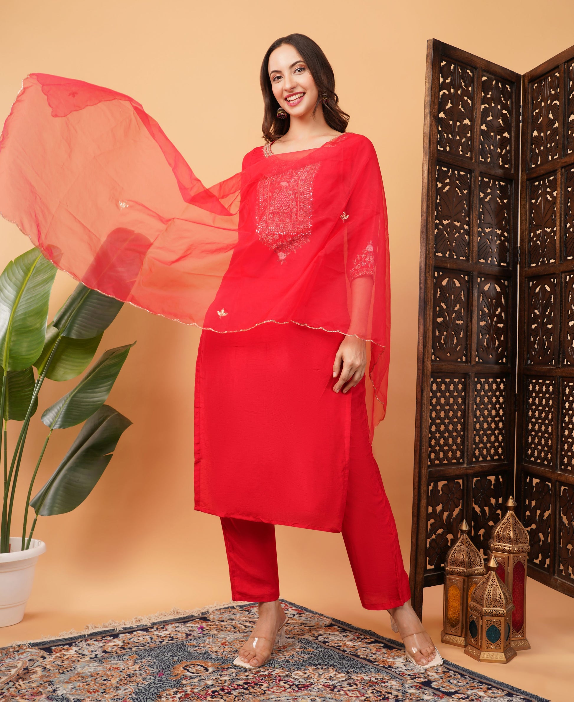 Red Designer Ethnic Embroidered Kurta Set with Pants & Dupatta - Prisachi Official